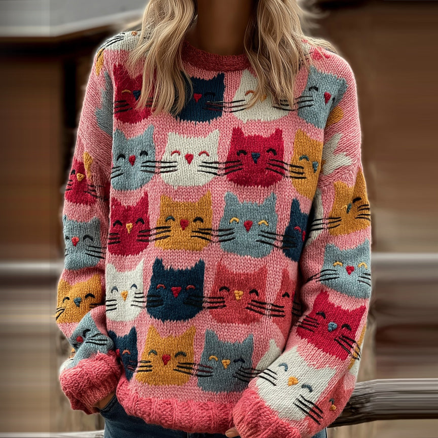 Women's Colorful Cats Pattern Art Cozy Knit Sweater artswardrobe
