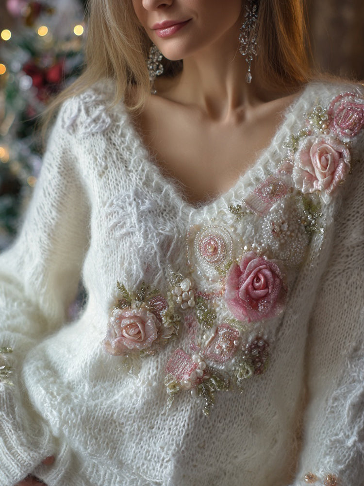 Comstylish Elegant Pink Roses Beads Embroidered Cozy Knit Sweater