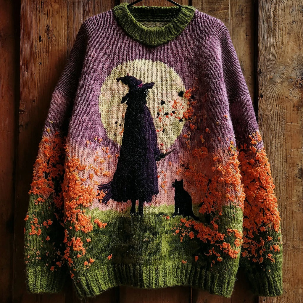 Comstylish Halloween Witch And Black Cat Pattern Knitted Warm Sweater