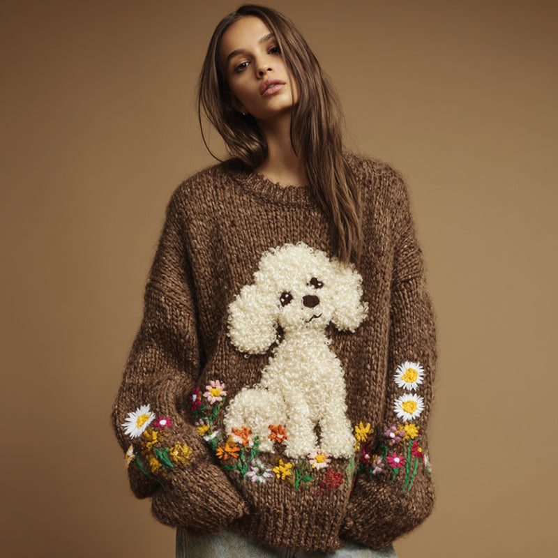 Vintage Dog Colorful Wildflower Embroidery Crochet Cozy Knit Sweater elevenforest