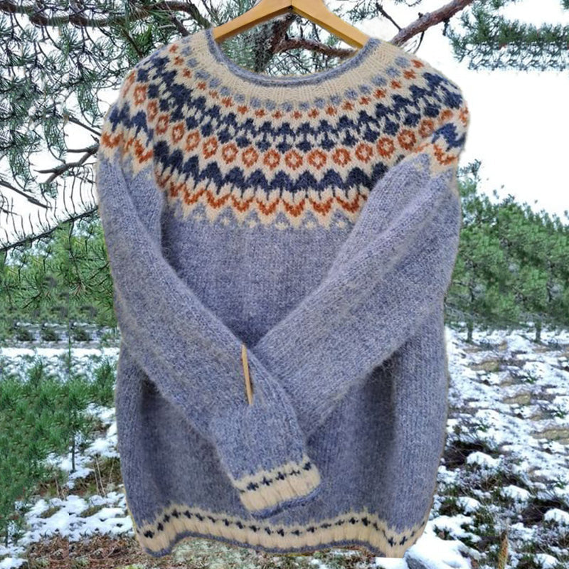 Vintage Icelandic Light Blue Knit Jacquard Warmth Crew Neck Sweater(Unisex) elevenforest