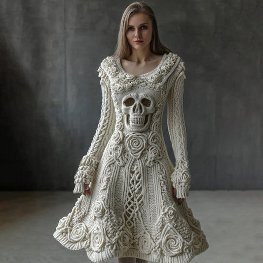 Vintage White Roses Skull Cozy Knit Sweater Dress elevenforest