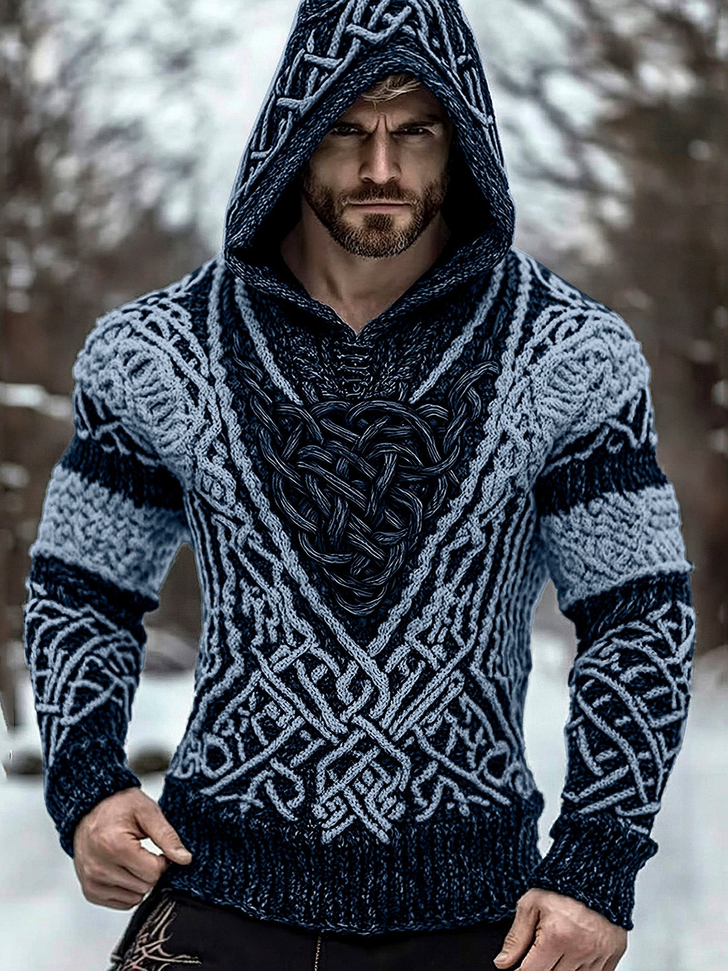 Men's Viking Jacquard Inspired Celtic Hooded Sweater elevenforest