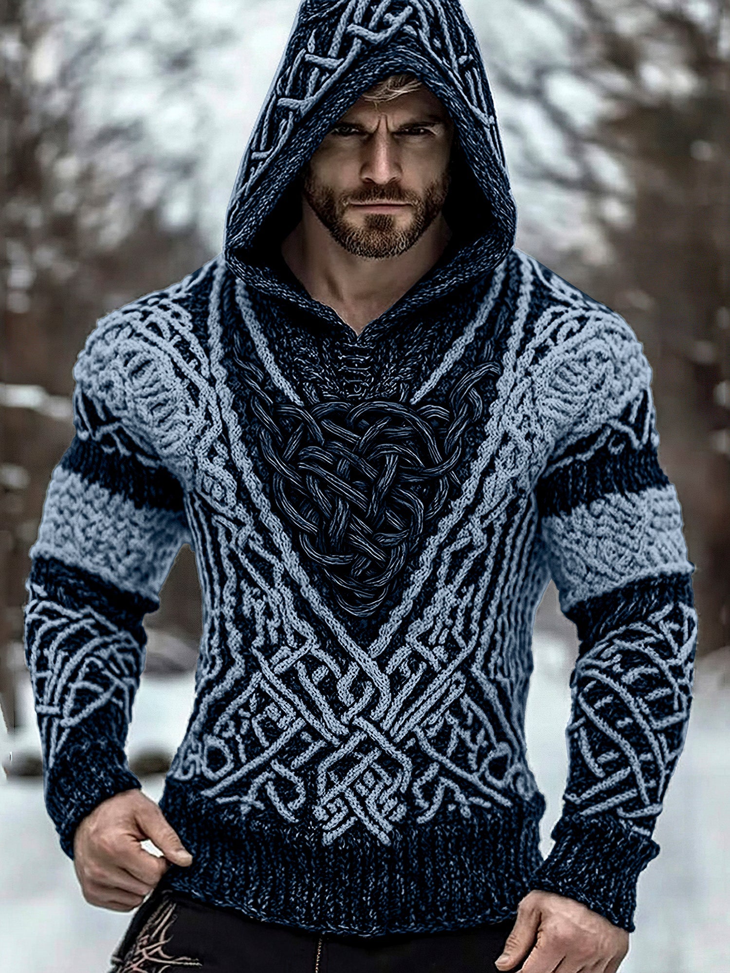 Men's Viking Jacquard Inspired Celtic Hooded Sweater elevenforest