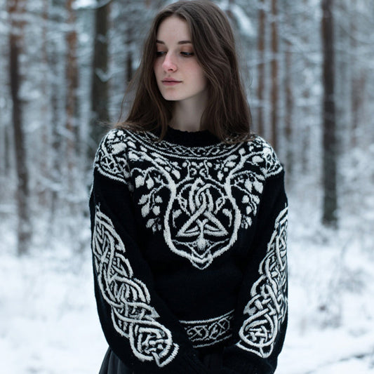Comstylish Women's Retro Celtic Knot Floral Line Comfortable Crew Neck Sweater