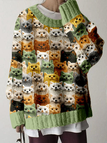 Comstylish Colorful Cute Cats Pattern Cozy Knit Sweater