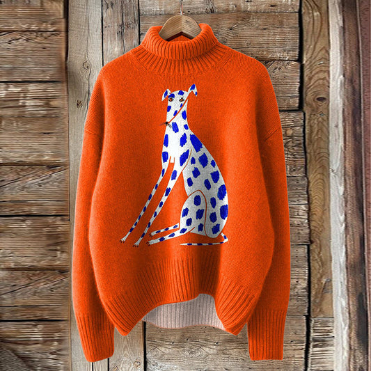 Comstylish Dog Art Print Turtleneck Knitted Pullover Sweater