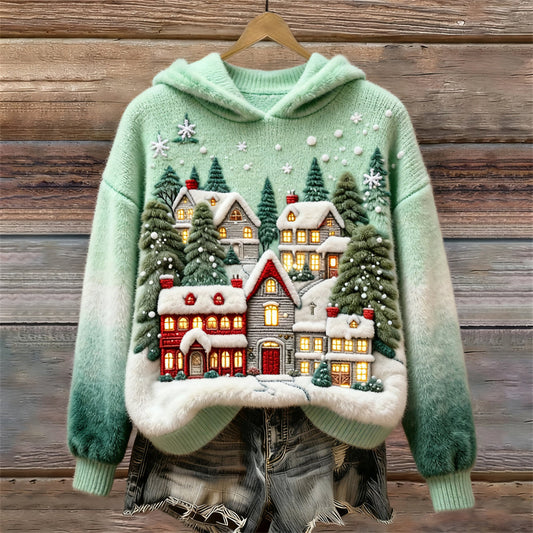 Christmas Houses Art Women's Cozy Plush Hooded Sweater