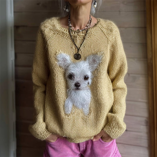 Comstylish Vintage Fuzzy White Chihuahua Dog Cozy Knit Sweater