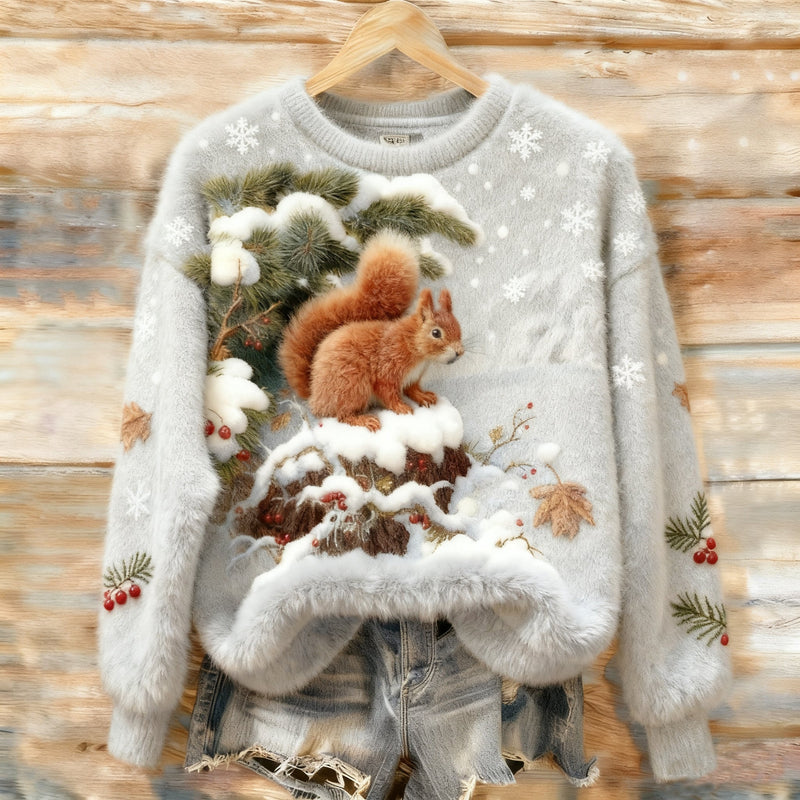 Cotton Sweater with Red Squirrel and Frosted Branches