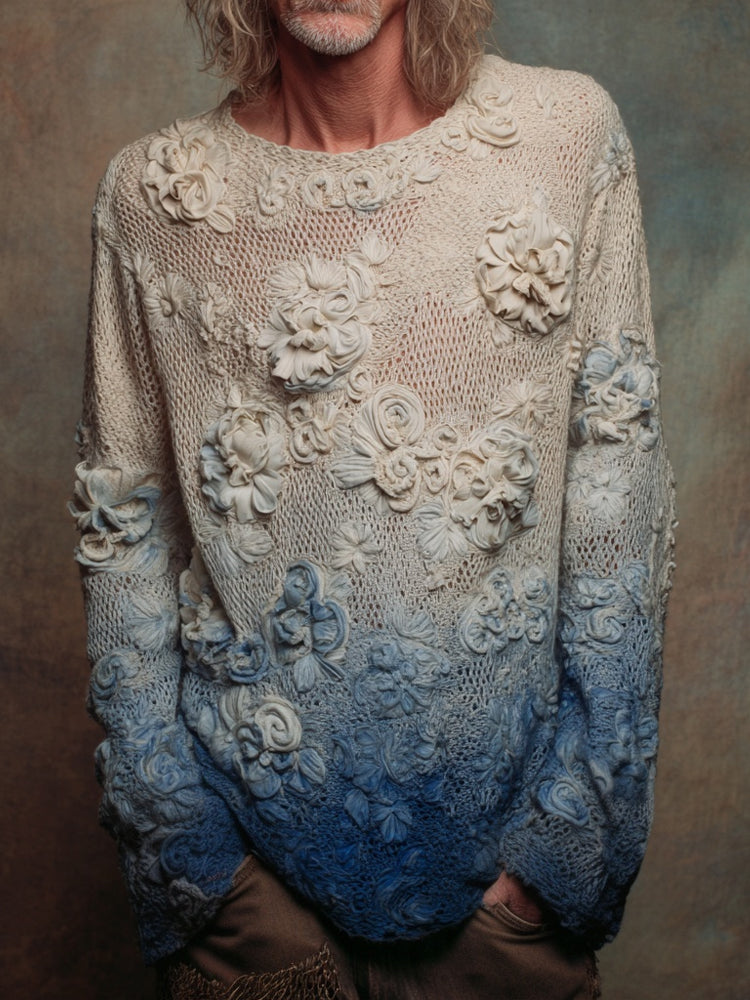 Men's Vintage Floral Crochet Embroidered Gradient Cozy Sweater artswardrobe