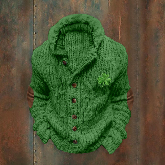 Vintage Ireland Shamrock  Embroidery Art Cable Knit Buttons Hooded Sweater artswardrobe