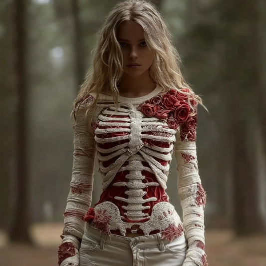 Comstylish Women's Red Rose Skeleton Art Cozy Knit Pullover Sweater