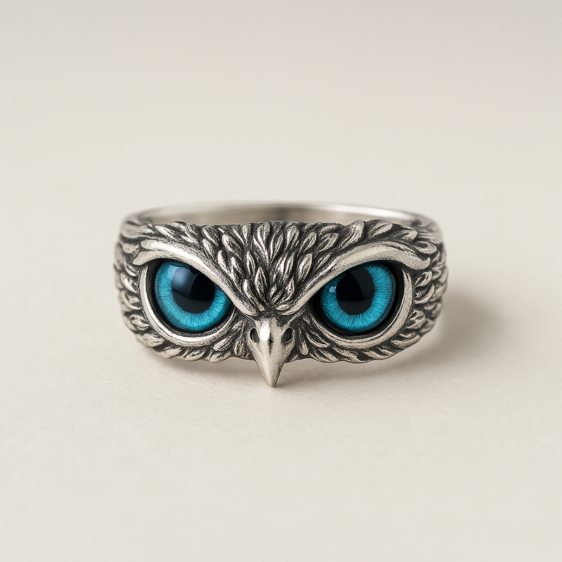 Owl of Good Luck Adjustable Ring in Silver and Opal