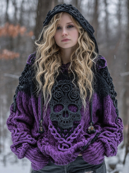 Women's Vintage Viking Tribal Celtic Skull Gradient Art Chunky Knit Hooded Sweater elevenforest