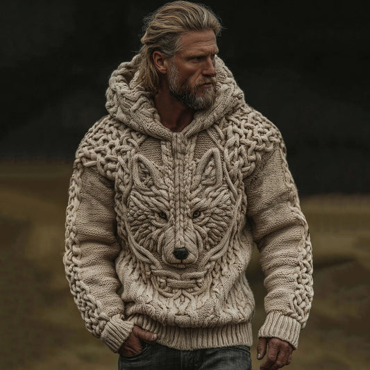 Men's Viking Tribal Wolf Jacquard Knitted Hooded Sweater elevenforest