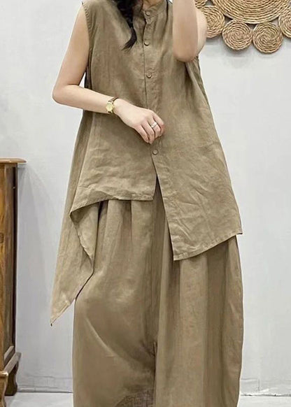 Coffee Stand Collar Asymmetrical Patchwork Linen Waistcoat and Crop Pants Two Pieces Set Summer