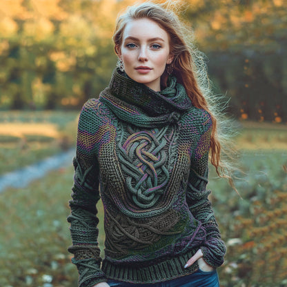 Women's Irish Rainbow Pattern Jacquard Pocket Cozy Hooded Sweater elevenforest
