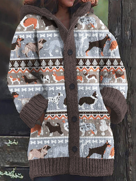 Christmas Pet Dogs Icelandic Style Women's Hooded Knit Sweater artswardrobe