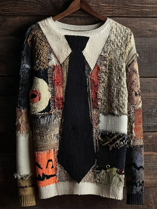 Halloween Monster Eyes Embroidered Tie Patchwork Women's Knit Crewneck Sweater artswardrobe
