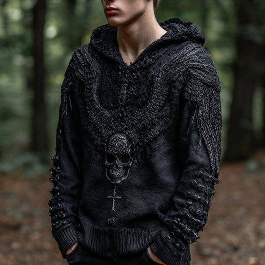 Men's Rock Wings Skull And Cross Knitted Cozy Hooded Sweater elevenforest