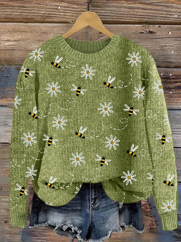 Knit Sweater with Daisy and Bee Embroidery