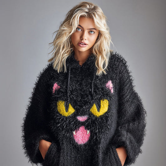 Women's National Black Cat Day Cute Cat Art Knitted Fuzzy Hooded Sweater elevenforest