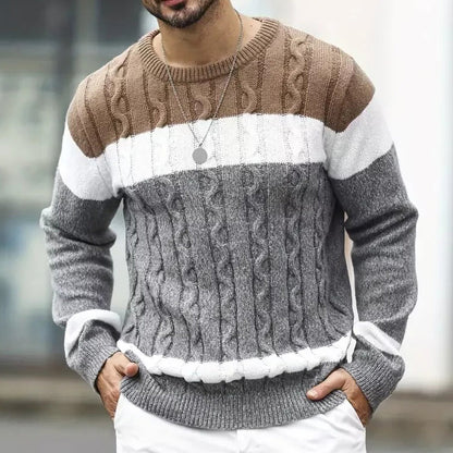 Men'S Retro Patchwork Jacquard Knitting Crew Neck Sweater artswardrobe