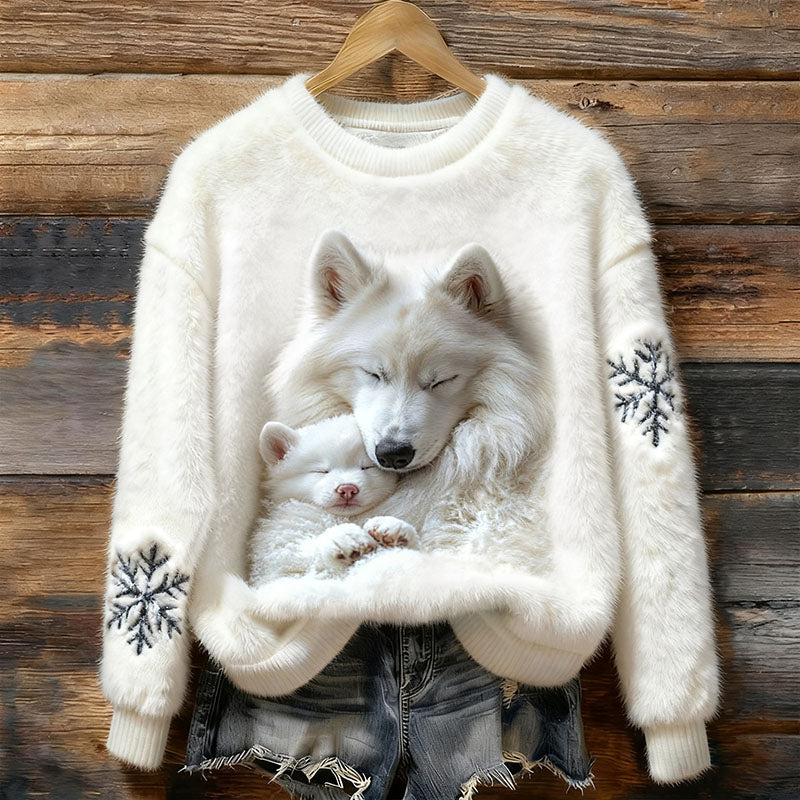 Wool Sweater with Mother Wolf and Puppy
