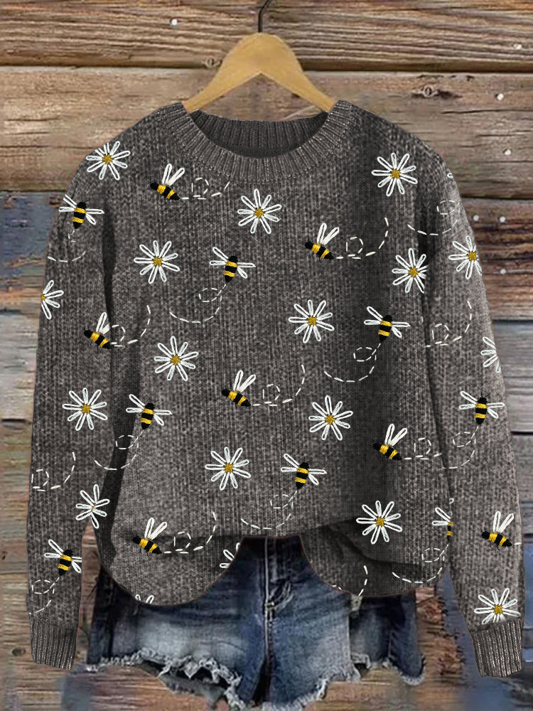 Knit Sweater with Daisy and Bee Embroidery