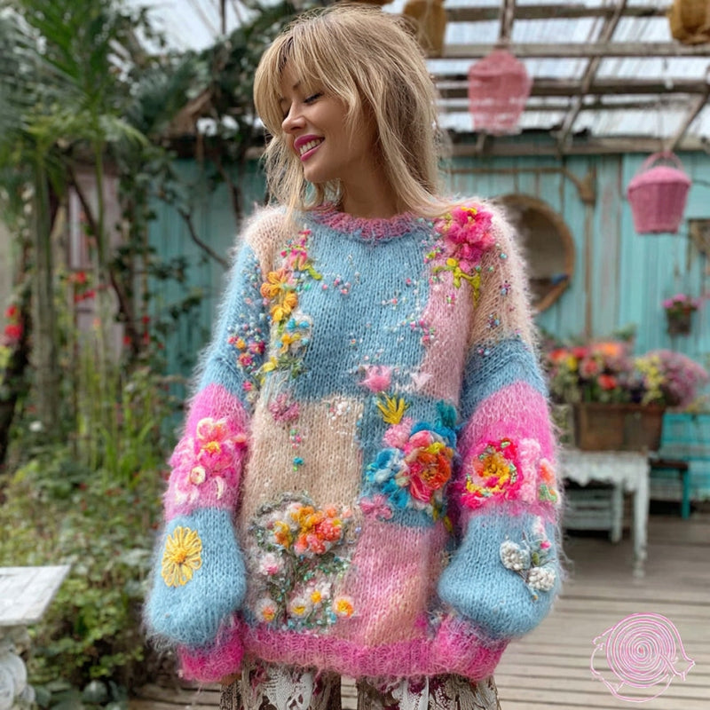 Cotton Sweater with Multi-Colored Knit Flower Clusters