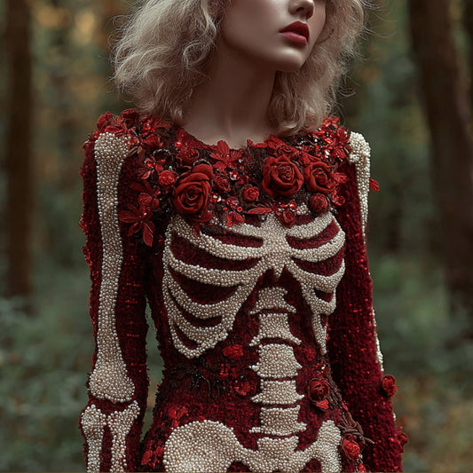 Women's Halloween Skeleton Wild Rose Sparkle Knitted Round Neck Sweater artswardrobe