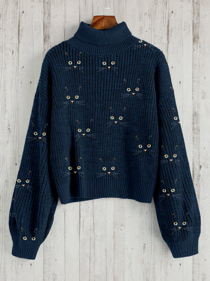 Cute Cat Face Pattern Warm Turtleneck Sweater elevenforest