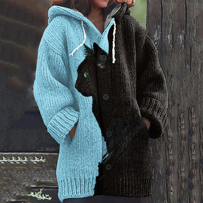 Black Cat Pattern Women's Hooded Cardigan elevenforest