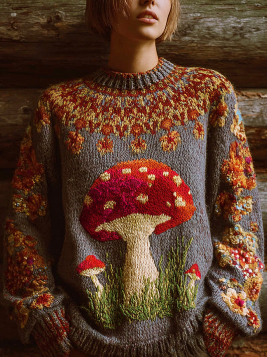 Comstylish Women's Retro Mushroom Print Crew Neck Sweater