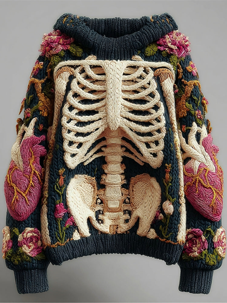 Comstylish Halloween Skeleton & Floral Embroidery Women's Knit Hooded Sweater