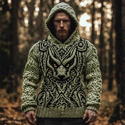 Men's Viking Wolf Celtic Cozy Chunky Hooded Sweater elevenforest
