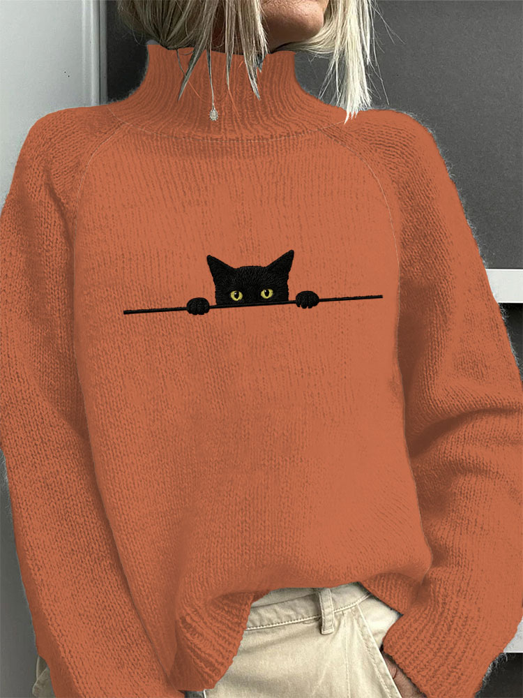 Cotton Sweater with Peeping Black Cat