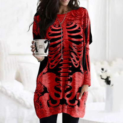 Comstylish Comstylish Women's Halloween Skeleton Bones With Rose Art Cozy Knit Turtleneck Mini Sweater Dress