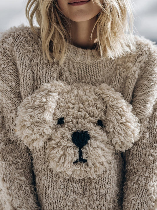 Comstylish Cute Fuzzy Dog Embroidered Soft Cozy Sweater