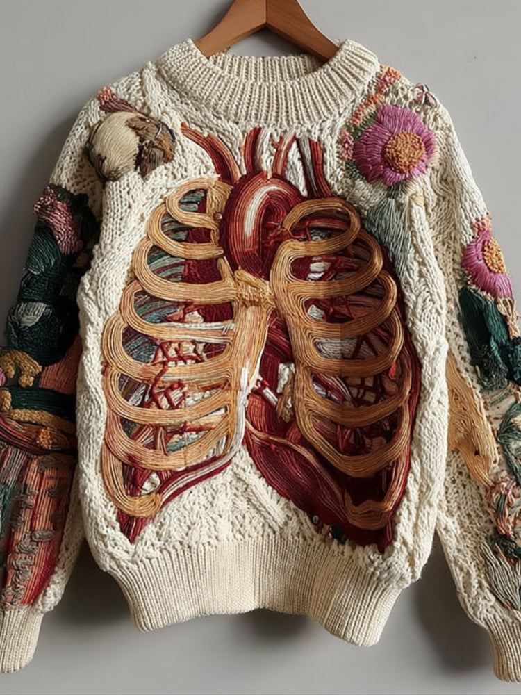 Wool Sweater with Anatomical Heart and Skeleton Design