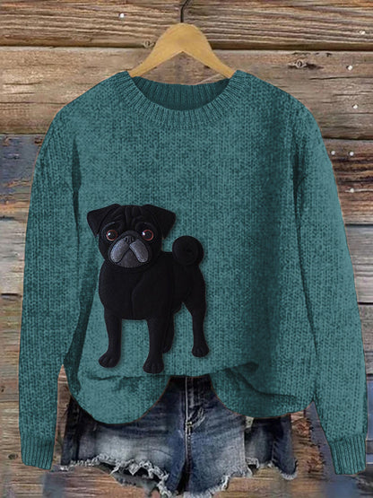 Comstylish Lively Pug Dog Felt Art Cozy Knit Sweater