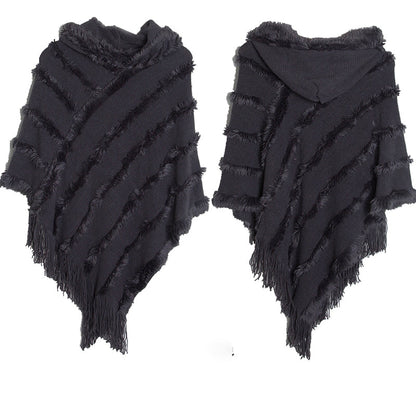 Vintage Solid Fringed Hooded Sweater Pullover Shawl elevenforest