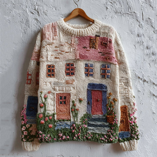Comstylish Cottagecore Floral House Inspired Embroidered Cozy Knit Sweater
