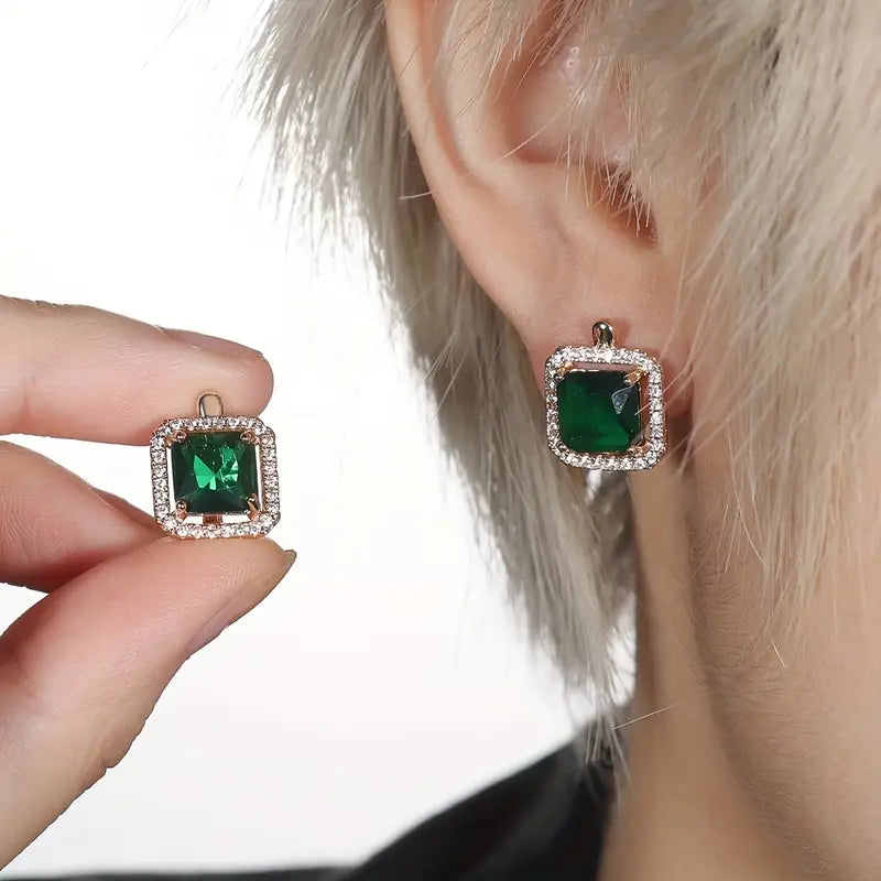 Golden Green Square Zirconia Gold Earrings