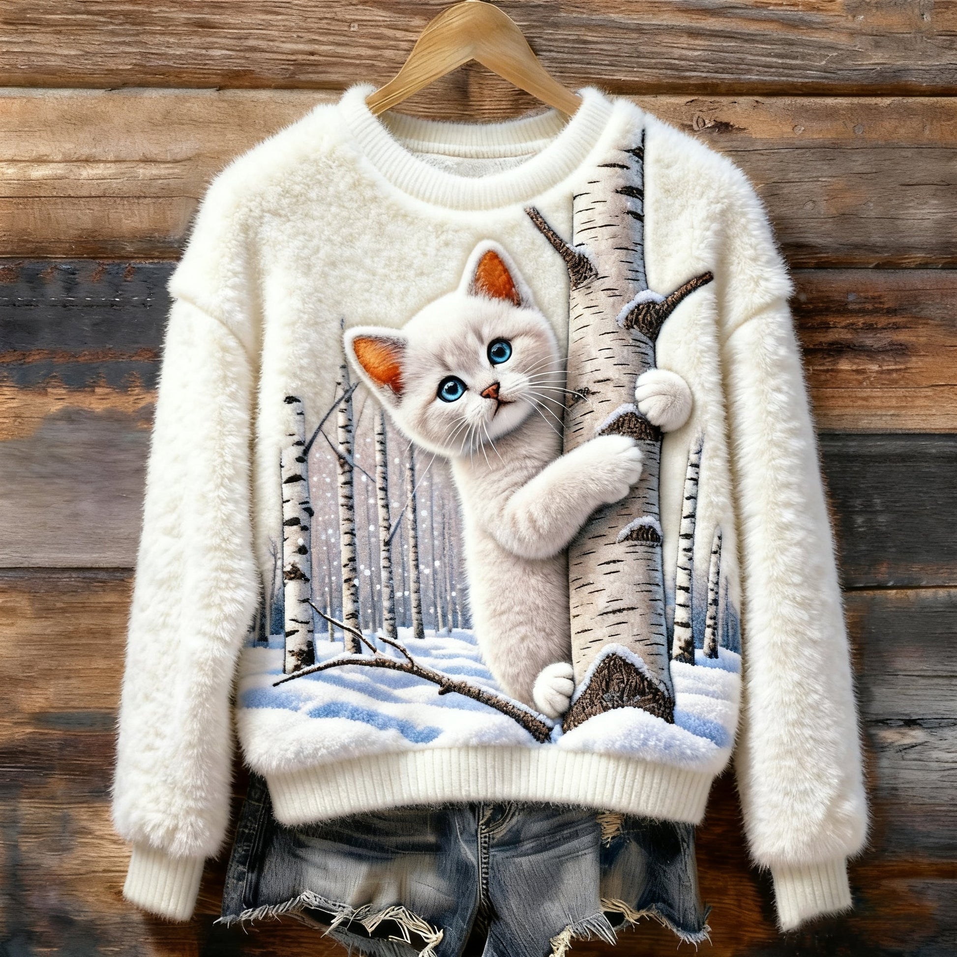 Christmas Cat Art Women's Cozy Plush Sweater elevenforest