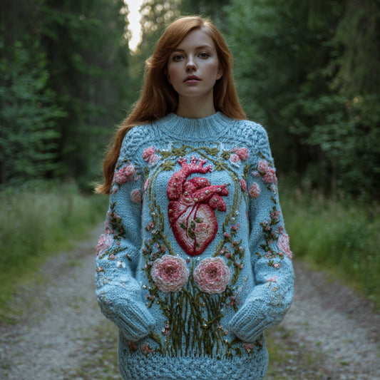 Comstylish Women's Halloween Heart And Flower Art Embroidered Blue Round Neck Sweater