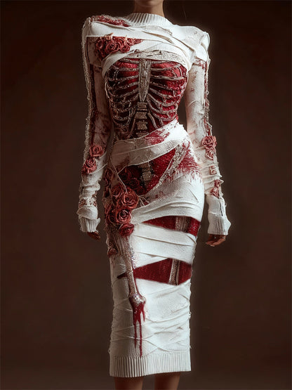 Comstylish Classy Skeleton Anatomy Bloody Roses Bandages Maxi Sweater Dress