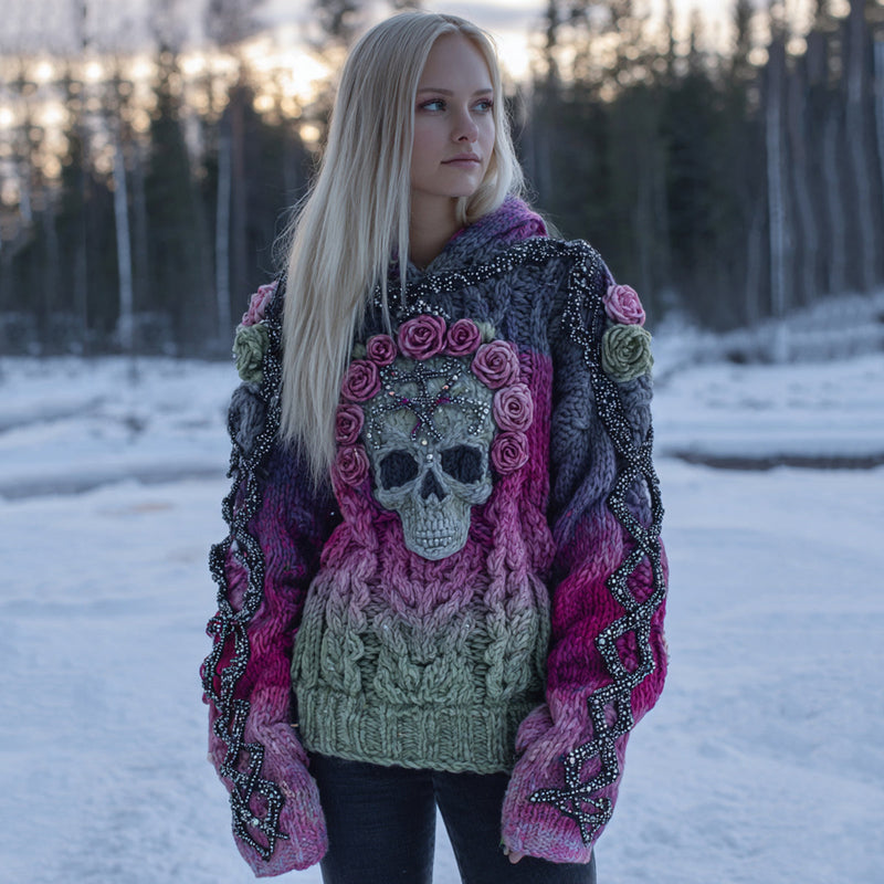 Cotton Blend Hooded Sweater with Beaded Skull and Rose Embroidery in Berry Ombré