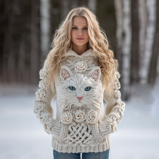 Comstylish Women's Vintage Cat And Roses Art Knitted Warm Cazy Hooded Sweater